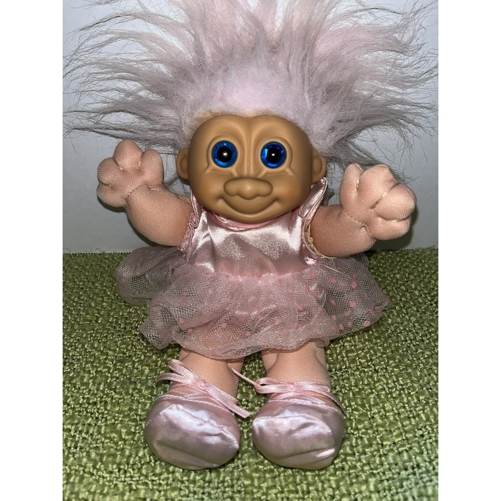 Vintage Russ 80s Troll Doll Ballerina Pink Fishnet Tutu Dress Pink Hair Blue Eye